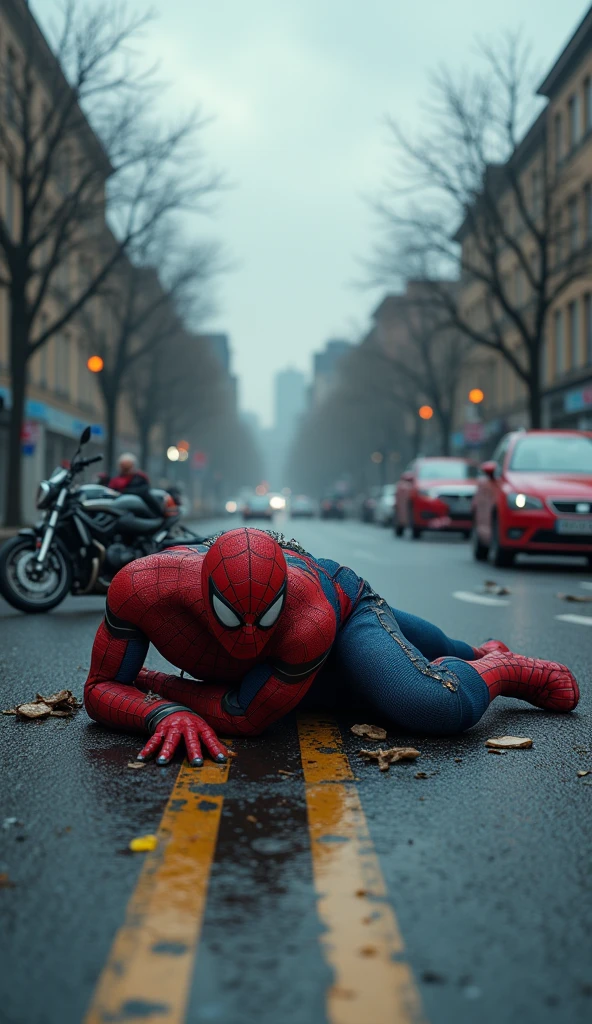 In this image, Spider-Man is lying on the road near a broken motorcycle, suggesting that he has been in an accident. Cars are visible on both sides of the road, and the sky is cloudy, adding to the serious atmosphere. The scene is very emotional and concerning, as it shows Spider-Man in a difficult situation.