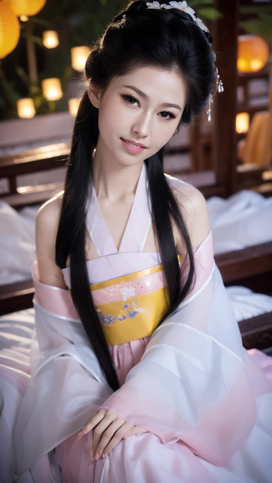1 Fashion Model [[[[close up]]]], [[[[neck]]]], [[[[Shoulder]]]], (((Complete head)))，(((Complete hairstyle)))，Perfect eyes, Perfect Iris，Perfect lips，Perfect Teeth，Perfect skin，White skin，Soft headlights，High-density imaging，Black long hair，（Clean and delicate face），((Smile))，((Simple pink Hanfu))，((Half-length photo))，((night))，((Chinese Lanterns))，((Various dynamic poses))，((The background is the bedroom))，best quality，masterpiece，（Soft colors：1.2）