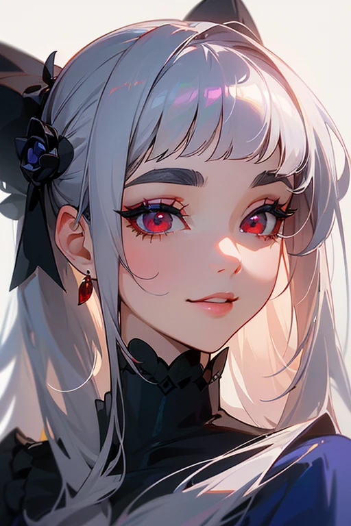 (Highest quality, masterpiece:1.2), High resolution, The highest masterpiece、Very detailed, Realistic:1.37, Fantasy, An illustration,Gray Hair、 Red eyes、Queen, Navy and blue dress、beautifully、Eyeshadow Red、Thick eyebrows、Long eyelashes、pupils are black、shiny on the lips、Top Sites、Queen、PRİNCESS、A kind smile、Soft impression、people々々Loved by、Slimming the face、Shoulder Bare、ponytail、Kissing Face、Long white hair、Shaggy Bangs、(Save face image).(Gothicta)、(A kind smile)、(Background white)、((ダンス)).