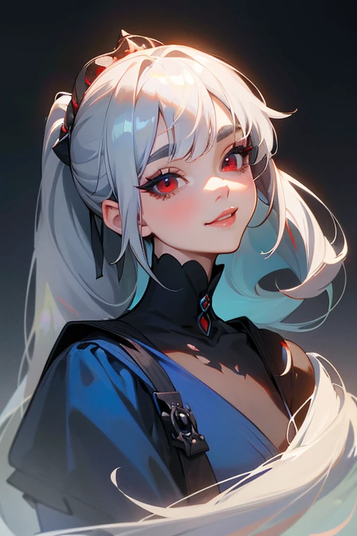 (Highest quality, masterpiece:1.2), High resolution, The highest masterpiece、Very detailed, Realistic:1.37, Fantasy, An illustration,Gray Hair、 Red eyes、Queen, Navy and blue dress、beautifully、Eyeshadow Red、Thick eyebrows、Long eyelashes、pupils are black、shiny on the lips、Top Sites、Queen、PRİNCESS、A kind smile、Soft impression、people々々Loved by、Slimming the face、Shoulder Bare、ponytail、Kissing Face、Long white hair、Shaggy Bangs、(Save face image).(Gothicta)、(A kind smile)、(Background white)、((ダンス)).