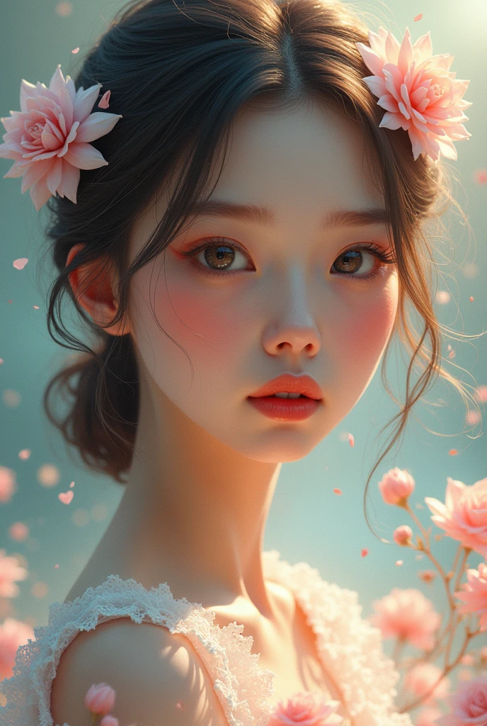 a beautiful young girl, abstract surreal portrait, photorealistic, volumetric lighting, glowing aura, ethereal expression, soft pastel colors, impressionistic brushstrokes, dreamlike atmosphere, intricate details, highly detailed face, mesmerizing eyes, elegant hairstyle, flowing fabric, graceful pose, whimsical elements, digital art, 8k, high resolution, cinematic composition