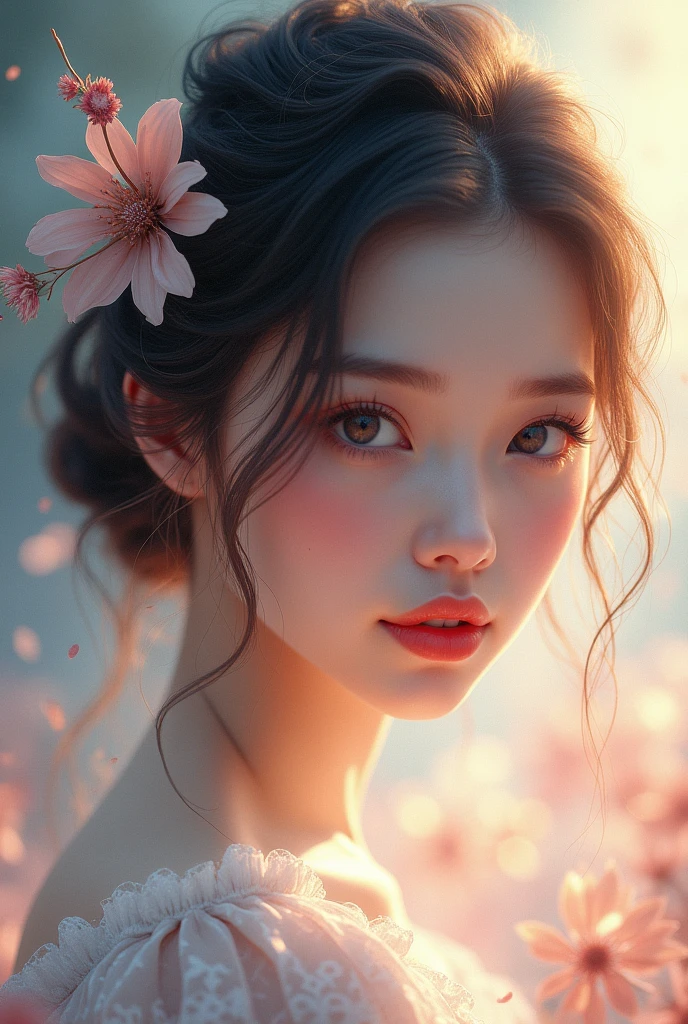 a beautiful young girl, abstract surreal portrait, photorealistic, volumetric lighting, glowing aura, ethereal expression, soft pastel colors, impressionistic brushstrokes, dreamlike atmosphere, intricate details, highly detailed face, mesmerizing eyes, elegant hairstyle, flowing fabric, graceful pose, whimsical elements, digital art, 8k, high resolution, cinematic composition