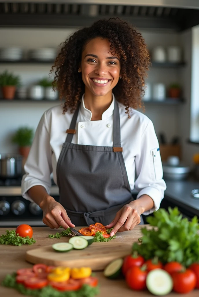 real human American woman, 35, professional chef uniform, kitchen setting, various meal prep dishes, warm and professional smile, healthy living theme, detailed, high-resolution