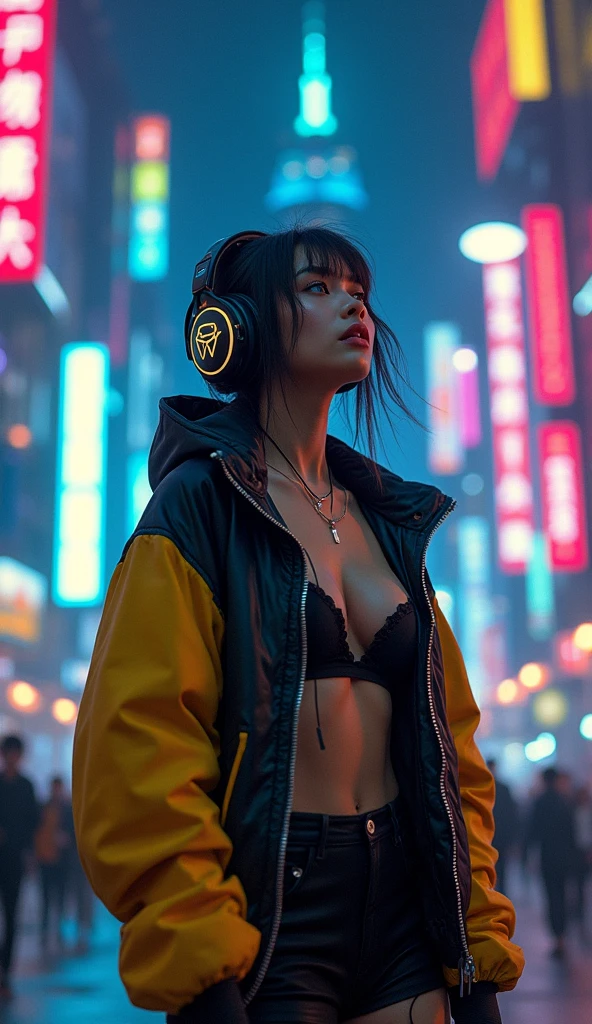 (masterpiece, Highest quality, Highest quality, Very detailed, Most detailed, Official Art, Structure of the film, beautifully、aesthetic:1.2), colorful, (Detailed drawn eyes:1.1), Beautiful Face, Perfect body, One person, alone, City of night, City, Ratan, street, black | Yellow bomber jacket, (Neon Light:1.1), Small breasts, software, performer, (headphone:1.1), (cyber punk:1.1), (sf:1.1), (look up:1.2), (public:1.2)