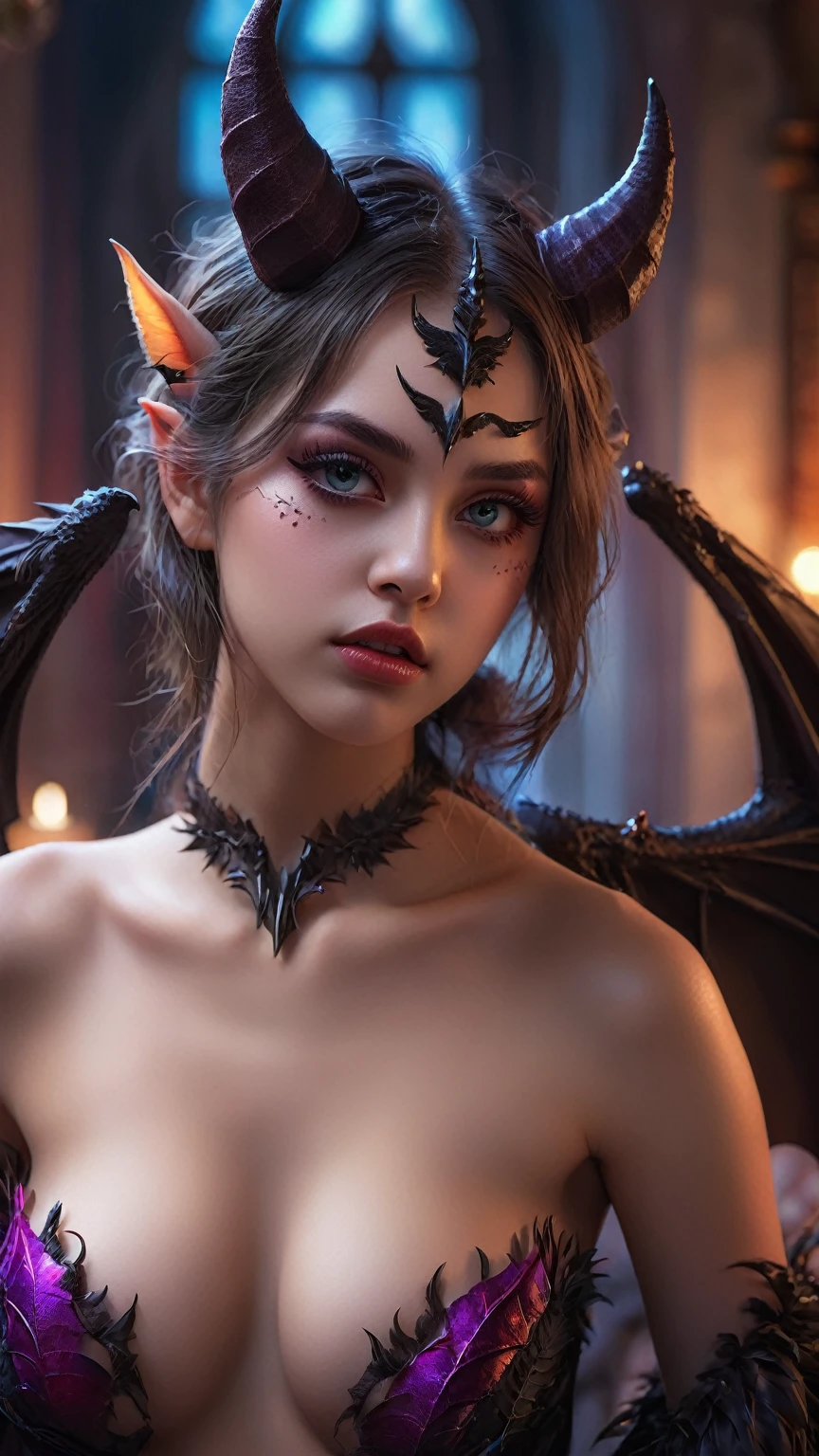 a cute  demon with small wings,1girl,detailed face,beautiful detailed eyes,beautiful detailed lips,extremely detailed skin,long eyelashes,horns,bat-like wings,detailed feathers,dark fantasy,digital painting,concept art,dramatic lighting,cinematic,vibrant colors,highly detailed,8k,masterpiece, sensual, naked, topless, exposed body, full body, posing sensually, in her room, cosplay, otaku, egirl.