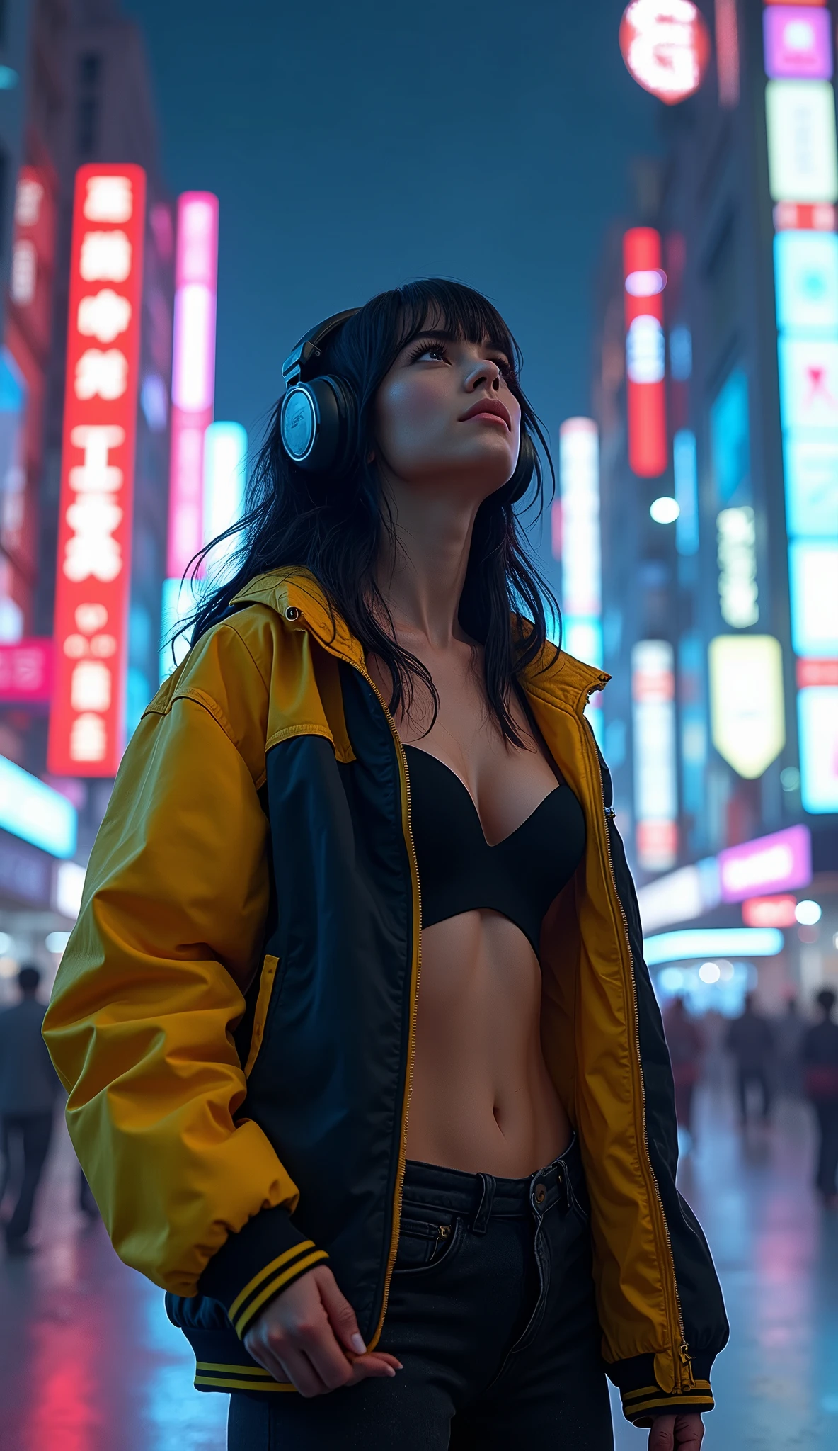 (masterpiece, Highest quality, Highest quality, Very detailed, Most detailed, Official Art, Structure of the film, beautifully、aesthetic:1.2), colorful, (Detailed drawn eyes:1.1), Beautiful Face, Perfect body, One person, alone, City of night, City, Ratan, street, black | Yellow bomber jacket, (Neon Light:1.1), Small breasts, software, performer, (headphone:1.1), (cyber punk:1.1), (sf:1.1), (look up:1.2), (public:1.2)