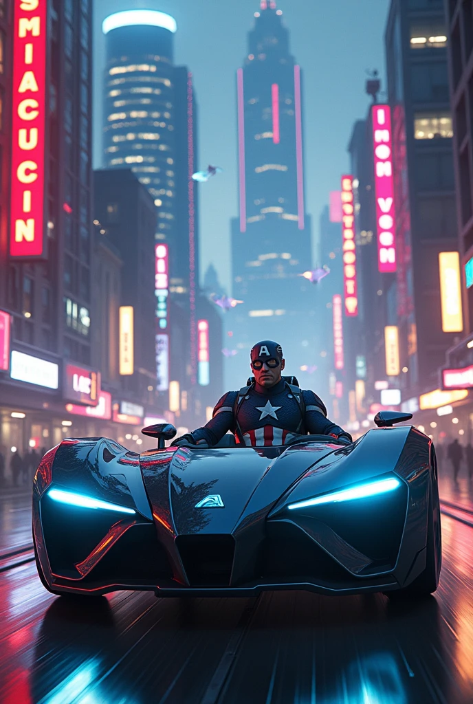 Captain america driving a car in a cyberpunk city around neon buliding