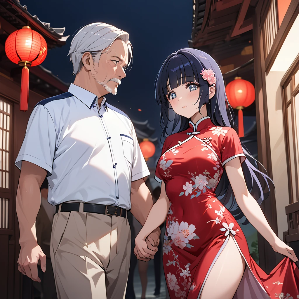 ((Highest quality)), ((masterpiece)), (detailed), (Perfect Face)、The woman is Reika Aoki with semi-long hair、The woman is wearing a gorgeous cheongsam for a party in China and is being escorted by a middle-aged man.