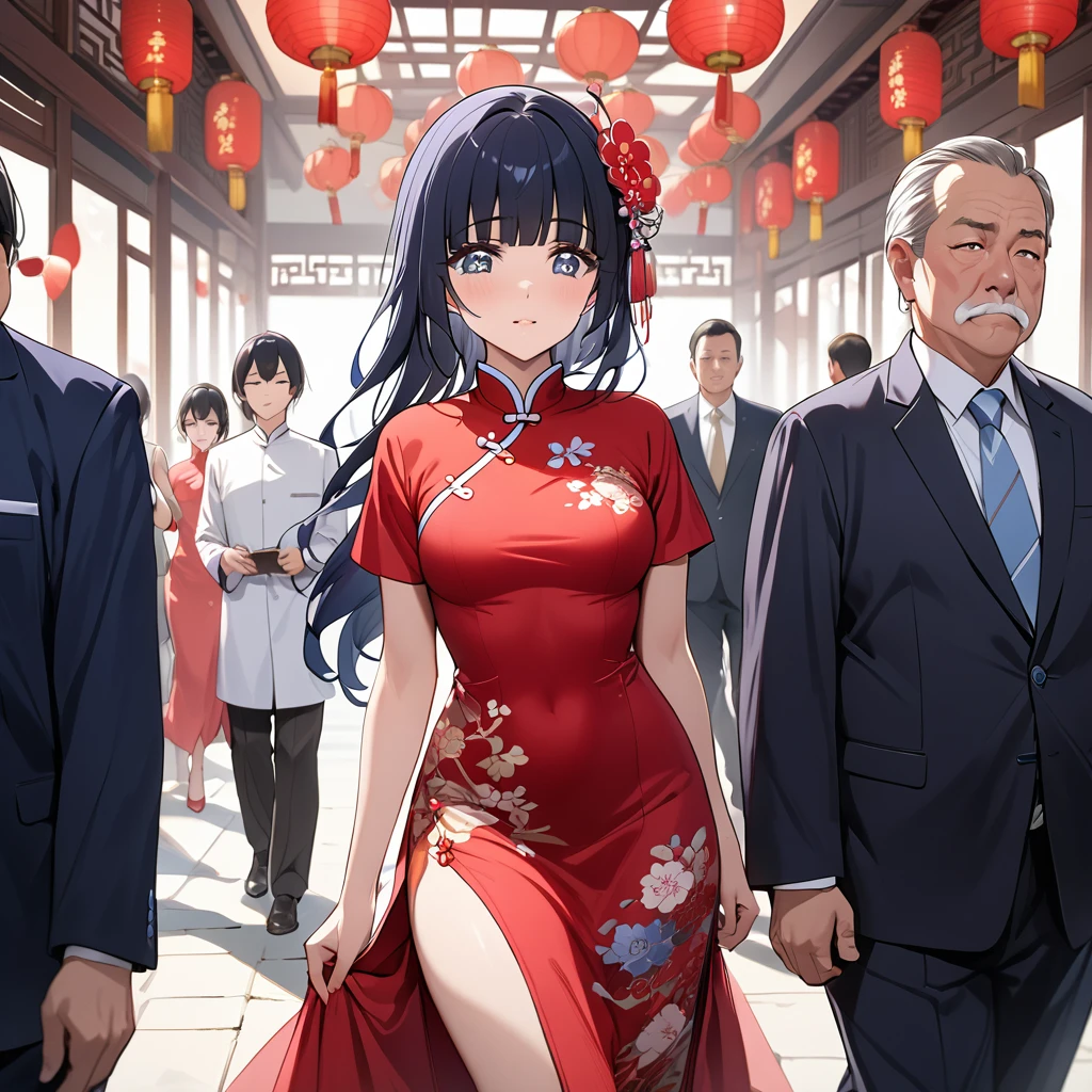 ((Highest quality)), ((masterpiece)), (detailed), (Perfect Face)、The woman is Reika Aoki with semi-long hair、The woman is wearing a gorgeous cheongsam for a party in China and is being escorted by a middle-aged man.