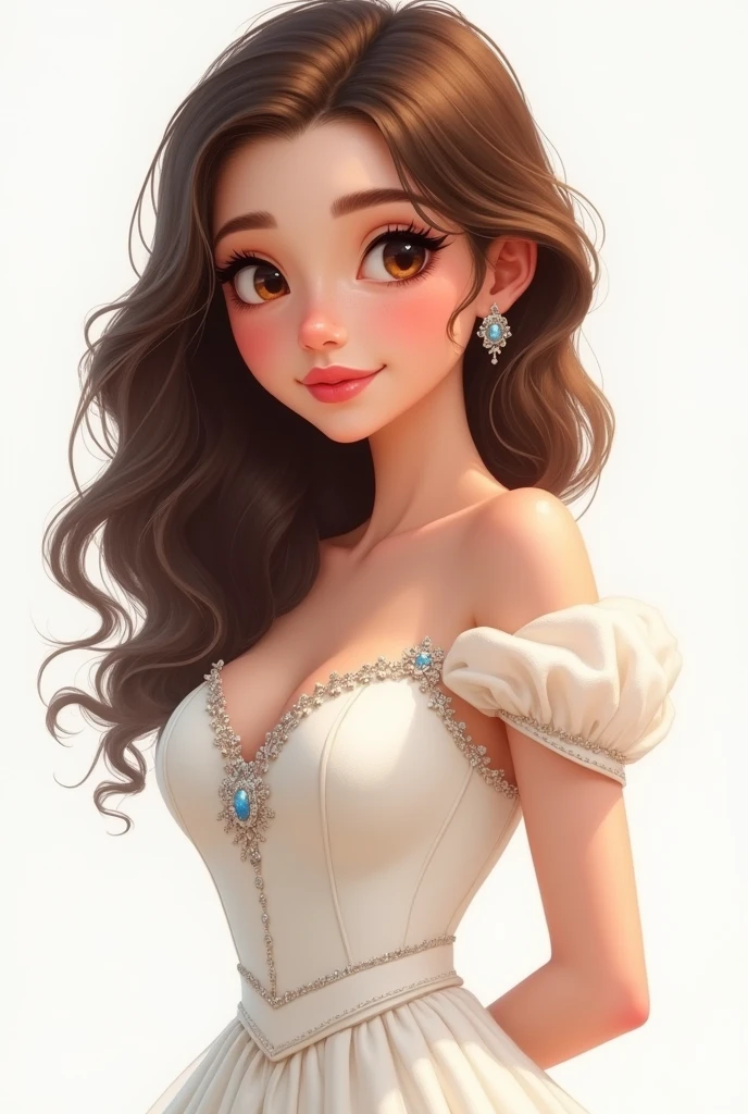 princesselise, stark, brava, feminine, femininity, white, medium brown hair, long hair, Wavy hair, medium brown eyes, nose hand is thin, sexy princess dress, White, few freckles on the nose, not very thin, round face, drawning, animation, Round face