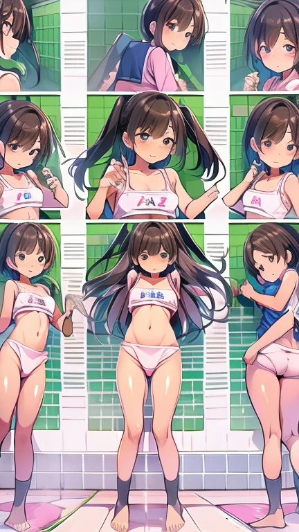 Highest quality、Realistic、、zoom、、cute、Light grey eyes、Black Hair、short hair、Tanned brown skin、Dark Skin、Light pink bra with small character print、Light pink panties with small letters printed on them、Embarrassed laugh、Flat Chest、。Low length、Bust Shot、Shower room、