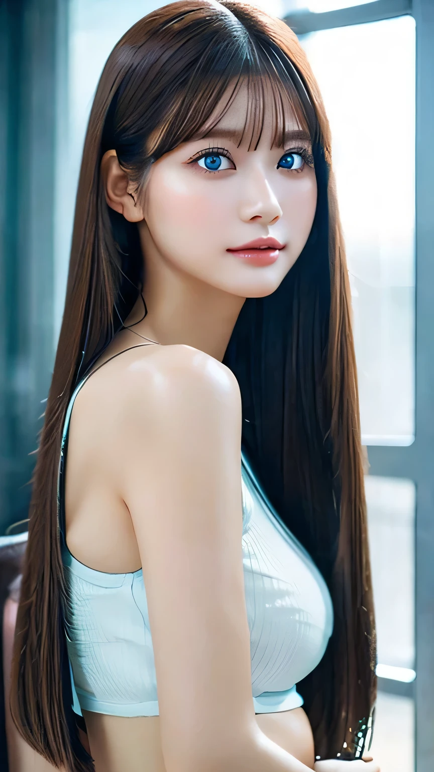 Unparalleled beauty, Shiny, firm, glowing skin, Bangs between the eyes, Beautiful luster, Straight Platinum Black, Super long straight silky hair, eyeliner, sexlyで美しい無邪気な20歳, High resolution, Very bright and beautiful big glowing light blue eyes、Very big eyes、Beautiful and adorable, ((Huge ))、((erotic、sexly、超High resolution、The lighting is bright、Precise needles without discomfort))、