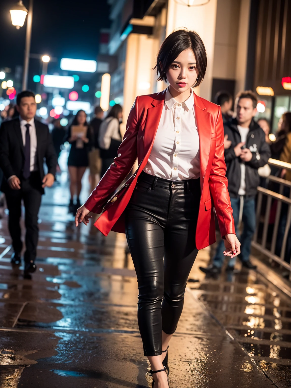  Top quality, A striking short-haired woman with a fiery red pixie cut, her hair shimmering in the light as it perfectly complements her bold and confident aura. She is dressed in an all-red ensemble that exudes power and elegance—a tailored red blazer over a deep red satin blouse, paired with form-fitting red trousers. Her look is completed with red stilettos and a sleek red clutch that she holds with effortless grace. Her makeup is daring yet refined, featuring a smoky red eyeshadow, defined brows, and a glossy red lip that adds a touch of glamour. The scene is set in a bustling city at night, with red neon lights reflecting off wet pavement, casting an ambient red glow that mirrors the intensity of her presence. The overall atmosphere is both modern and electric, making her the focal point of the scene.