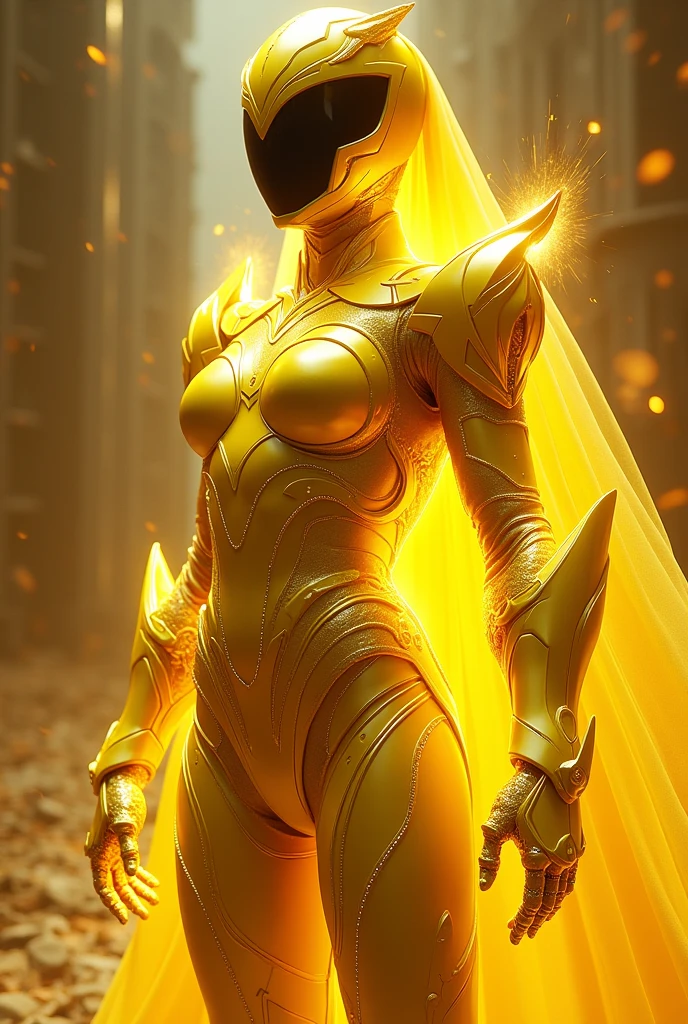 Yellow Power Ranger Girl with full shining shimmering armor,full covered face, eyes hidden and hidden hair