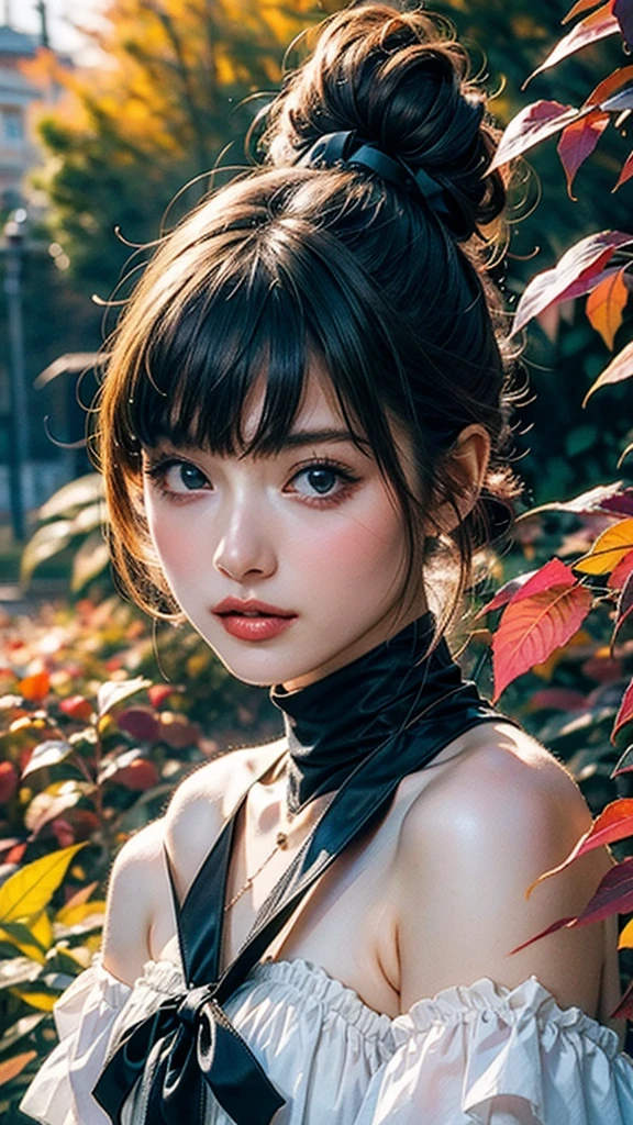 (8k, Highest quality, masterpiece:1.2),(Highest quality:1.2), (Ultra-high resolution:1.0), watercolor, Beautiful woman, shoulder, Hair Ribbon, Agnes Cecil, Half Body Portrait, Very bright and luminous design, pastel colour, (ink:1.3), Autumn Light,