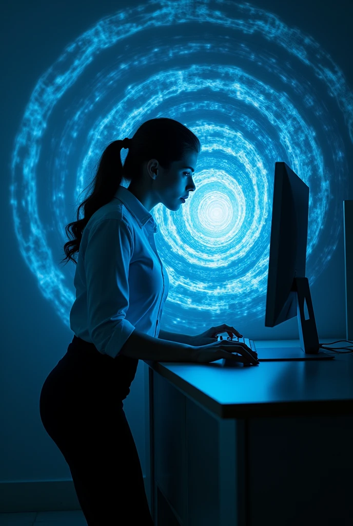 sexy woman, white shirt, pencil skirt, standing, in front of a computer screen depicting a spiral, she is hypnotized, her eyes become spirals, she looks at the screen, she walks back a little from the screen, her eyes light up blue, she sit to the floor in front of the computer screen, she got very horny, she was helpless, she climbs towards the screen, she kisses the screen, she licks the screen with her tongue