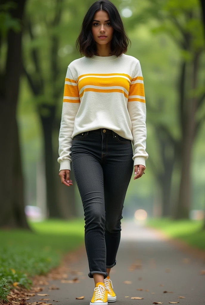 beautiful brunette caribean latín girl, tanned skin, symetric eyes, perfect face, black bob hair, wearing a white sweater with horizontal yellow stripes, dark jeans, yellow Converse sneakers, in a park, ultra-detailed, full-body image