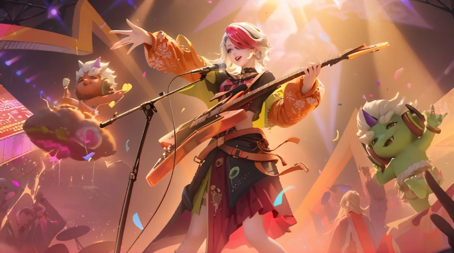 there is a woman with a guitar and a bunch of other people, splash art beautiful, best cute 4k, realistic