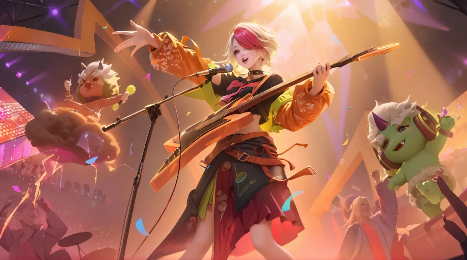 there is a woman with a guitar and a bunch of other people, splash art beautiful, best cute 4k, realistic