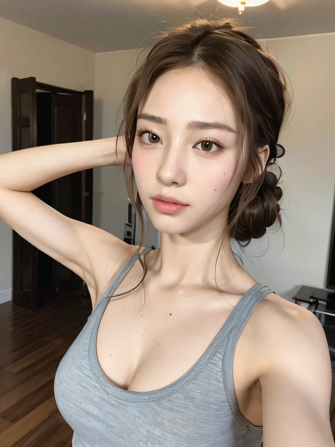 ((Highest quality、8k、masterpiece:1.3))、One Girl、Beautiful woman with slim abdominal muscles:1.3、(Random Hairstyles:1.2)、Oversized tank top:1.2、Highly detailed face、Detailed eyes、double eyelid、Hairy armpits、Sweat、Cleavage、living room、avert your eyes