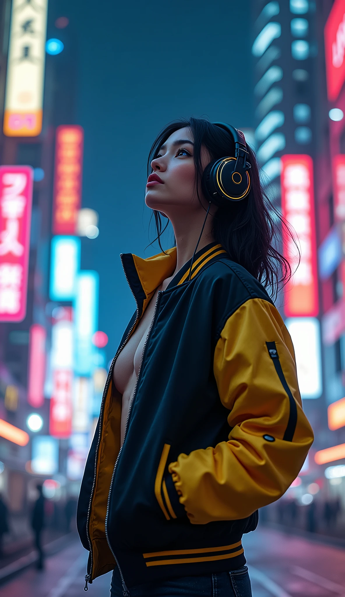 (masterpiece, Highest quality, Highest quality, Very detailed, Most detailed, Official Art, Structure of the film, beautifully、aesthetic:1.2), colorful, (Detailed drawn eyes:1.1), Beautiful Face, Perfect body, One person, alone, City of night, City, Ratan, street, black | Yellow bomber jacket, (Neon Light:1.1), Small breasts, software, performer, (headphone:1.1), (cyber punk:1.1), (sf:1.1), (look up:1.2), (public:1.2)
