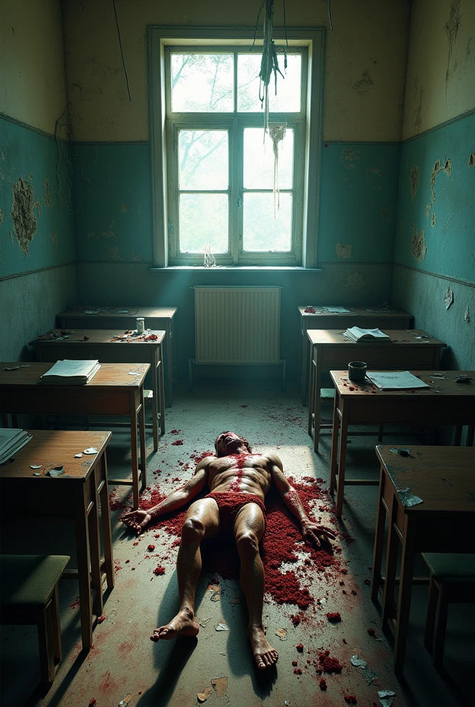 A classroom in a dilapidated and creepy school.A dead teacher lies gruesomely in this classroom