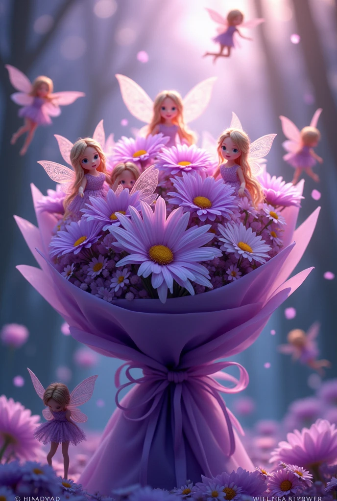beautiful, masterpiece, best quality, ((beautiful eyes), (Delicate face)), magical flowers, a bouquet wrapped in beautiful purple flowers, very magical, with pink yellow and red fairy girls flying around them, beautiful fairies, 8K, high quality detail, purple theme