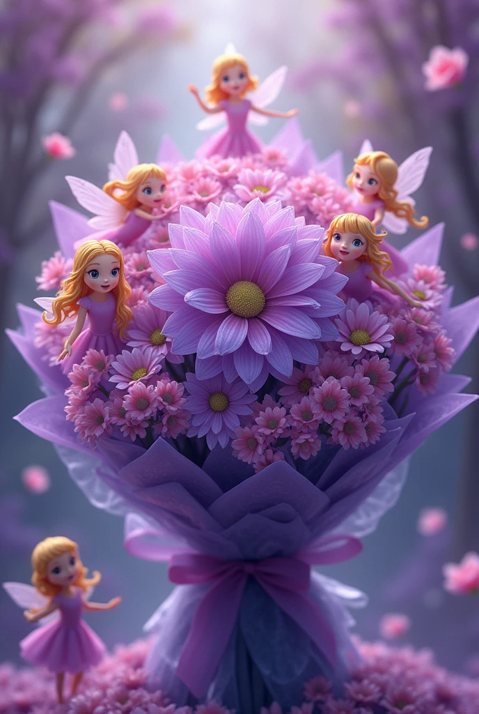 beautiful, masterpiece, best quality, ((beautiful eyes), (Delicate face)), magical flowers, a bouquet wrapped in beautiful purple flowers, very magical, with pink yellow and red fairy girls flying around them, beautiful fairies, 8K, high quality detail, purple theme