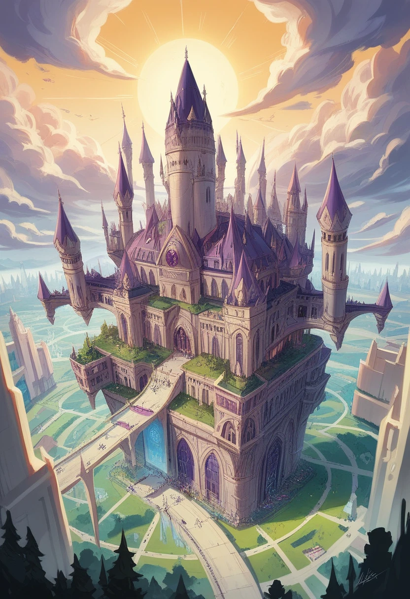 ((master piece)), best quality, (8k, best quality, masterpiece:1.2), ultra-detailed, illustration, big fantasy city, Science fiction, ethereal city, Floating city, many planets in the skies, clouds around, celestial architecture, purple energy scarring around, Giant castle in the center, astral skies