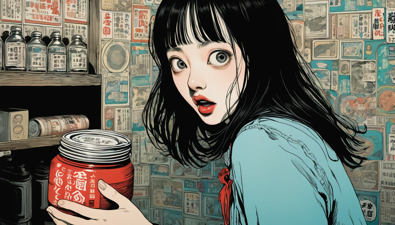 An illustration、art、Supervised by Junji Ito、Overaction、Overreaction、Pretending to be scared、Attention to detail, Realistic shadows、Analog Style, chromatic aberration, Surrealism、pub、counter、sake