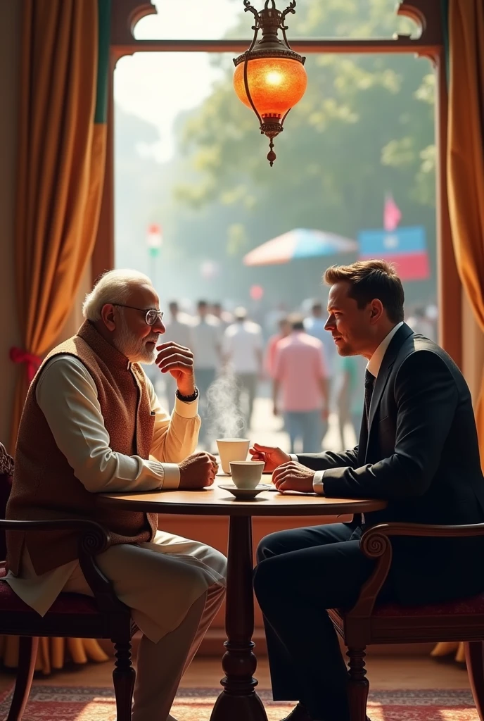 Narendra Modi taking tea with Elon Musk
