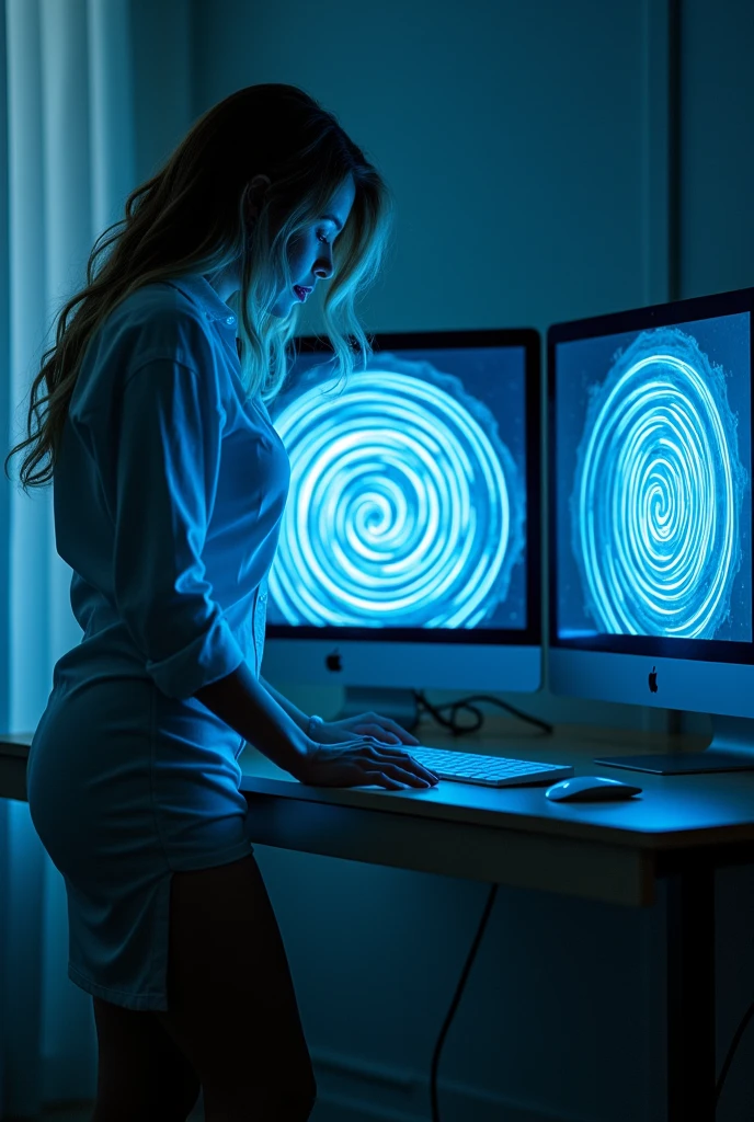 sexy woman, white shirt, pencil skirt, standing, in front of a computer screen depicting a spiral, she is hypnotized, her eyes become spirals, she looks at the screen, she walks back a little from the screen, her eyes light up blue, she sit to the floor in front of the computer screen, she got very horny, she was helpless, she climbs towards the screen, she kisses the screen, she licks the screen with her tongue

