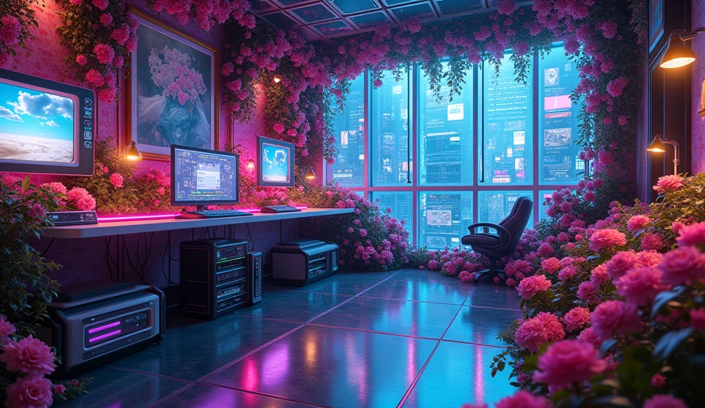 Near future、High definition、A room full of electronic devices、Lots of flowers、Chill、Cyberspace、Cyber、neon、Amazing world