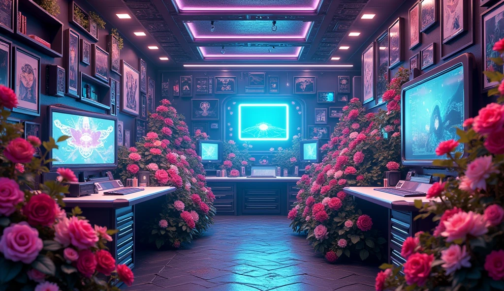 Near future、High definition、A room full of electronic devices、Lots of flowers、Chill、Cyberspace、Cyber、neon、Amazing world