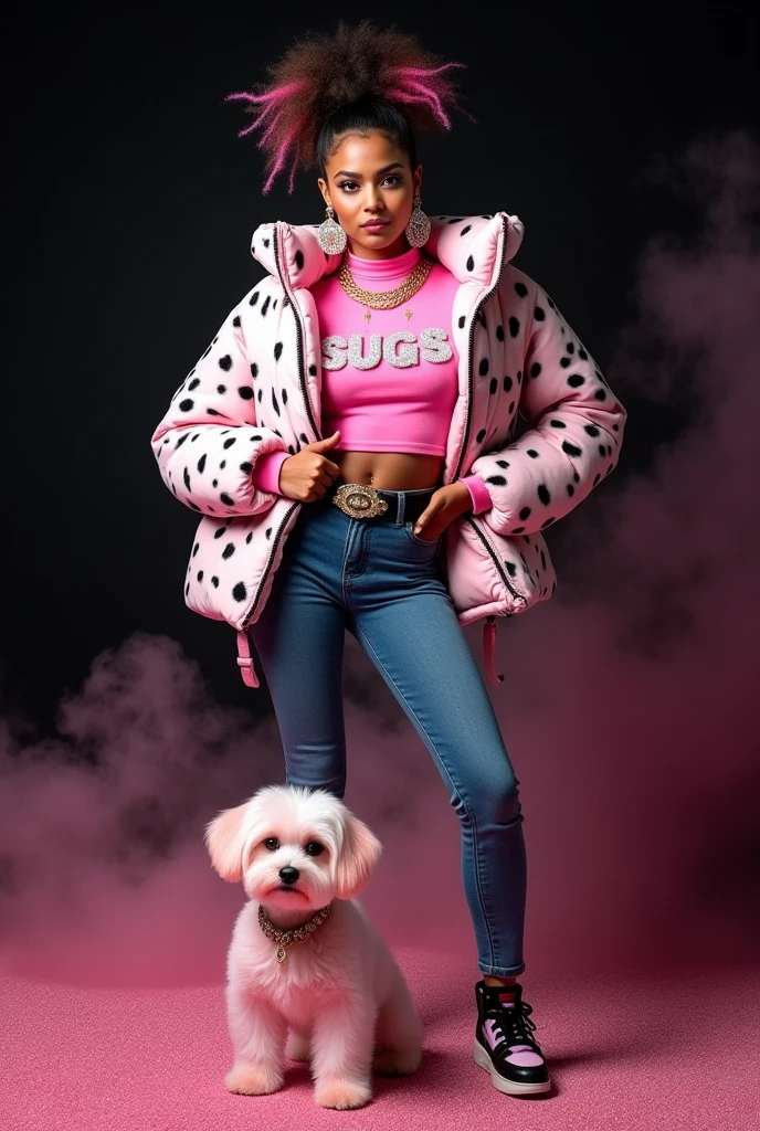 beautiful tanned polynese woman, wearing a designer fur puffer crop dalmatian print jacket , and pink turtle neck t-shirt underneath the coat, write "SUGS" with glitter on t-shirt, (t-shirt tucked in) (t-shirt underneath pants) tucked in the t-shirt inside underneath jeans pants, chain necklace, diamond rings, hoop earring, big diamond buckle leather belt, thick eyebrows, photorealistic, masterpiece, moncler, messy bun pink highlighted afro hair, open the jacket, lips pouting, pouts, void black background with smokes, glitters and particles and nice lighting, UHD, HDR, 8k, Masterpiece, beside her a pink maltese mini wearing gold collar height is same with the woman, squatting on pink glittery floor, rap pose, squat pose, petting dog's head, eyes looking at camera.
