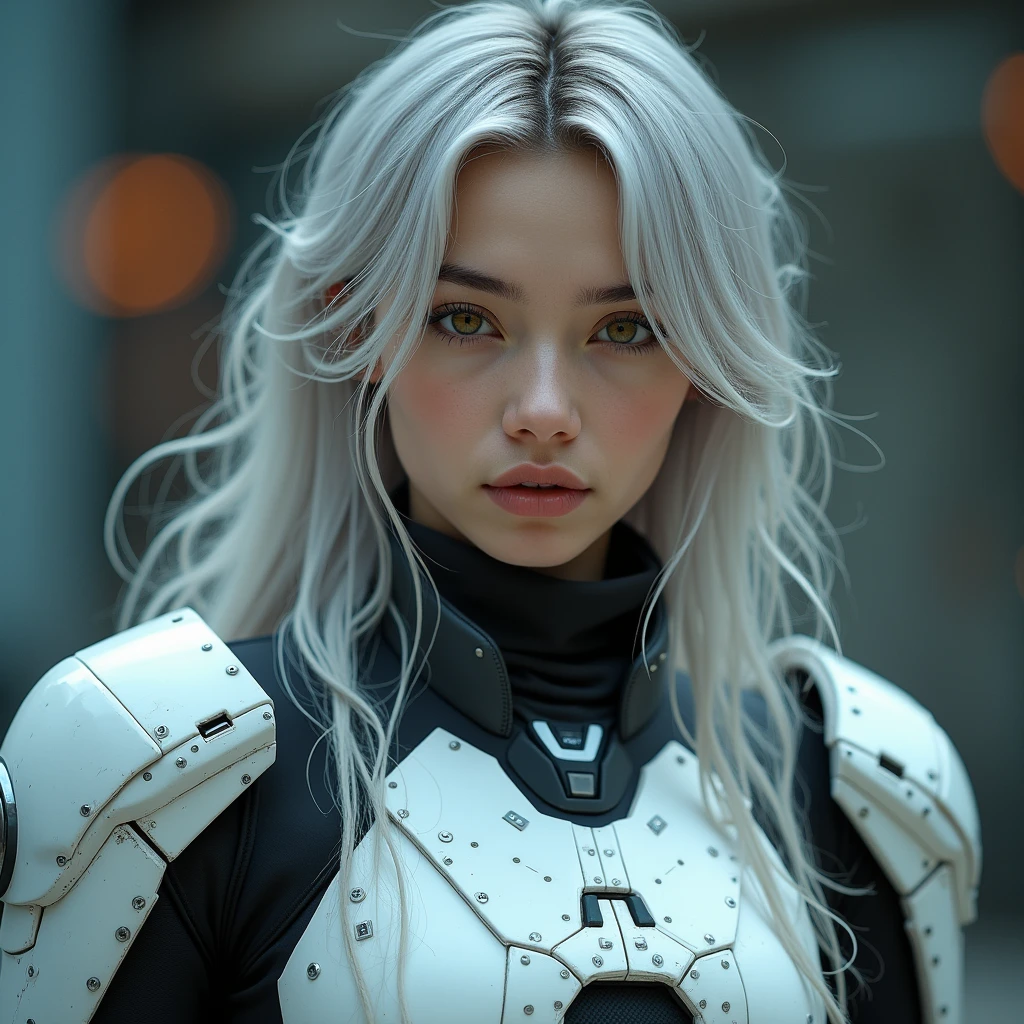 Has light brown eyes and long silver hair，High nose bridge，Thin lips，The young woman is wearing a high-tech battle armor，Ultra-high-resolution photos，Professional photography