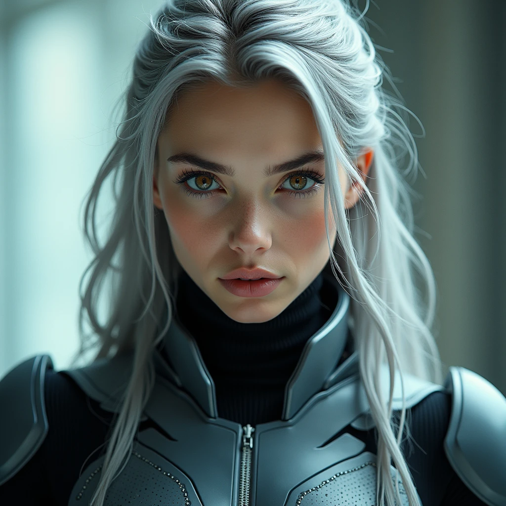 Has light brown eyes and long silver hair,High nose bridge,Thin lips,The young woman is wearing a high-tech battle armor,Ultra-high-resolution photos,Professional photography