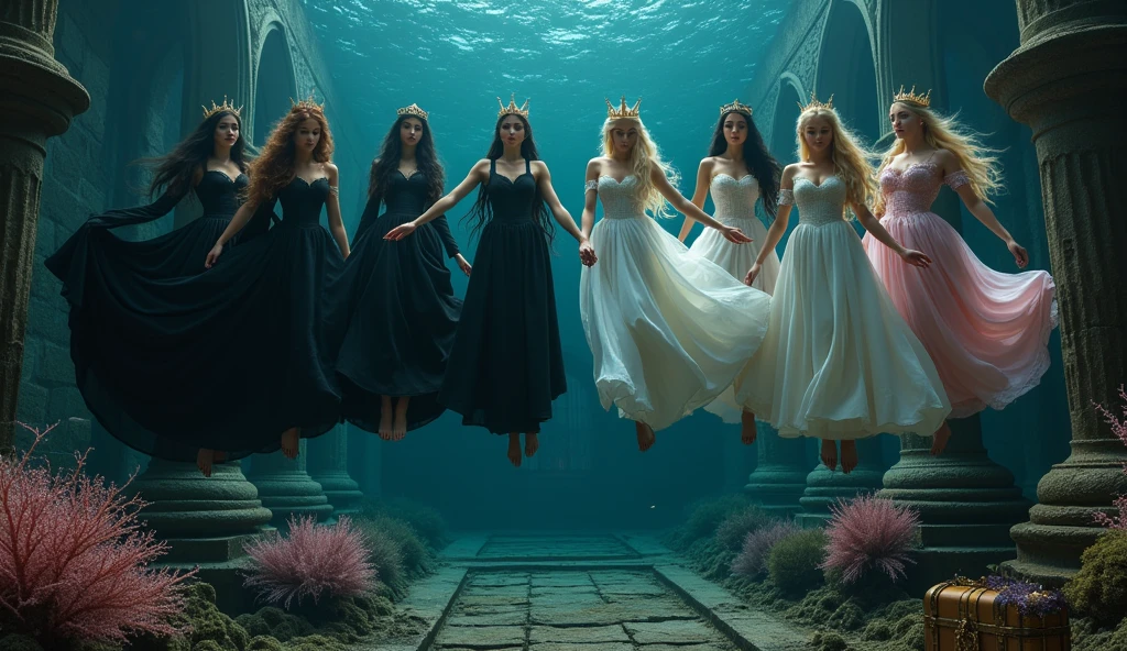 Extra wide angle 16:9. Portrait. A super-realistic 18 y.o. beautiful queen sisters and friends mixed tight together, europeans. 3 queens are dressed in a black many layered medieval lace-dresses in many layered riven and flowing with gothic garnish. Hyper-realistic fine detailed human eyes 1:1, black long flowing hair with black crowns. 4 queens have light blonde long hair, wearing shiny-gold crowns with pink crystals, dressed in a white and pale pink lace, medieval dresses 1:1. All the queens have best perfect hands, five fingers on each hand, small breasts cleavage, (fine detailed perfect eyes 1:1). Hyper detailed skin on body 1:1. Their faces have perfect detailed skin 1:1. They are all floating in a dark deep sea above a((big medieval ballroom very old realistic 1:3) in an old gothic perished palace)) on the bottom of the sea. Night scene with only pale moonlight. On the bottom of the palace floor are pink corals. Sea moss. Bright colored blue, pink, orange, green fishes swimming around. Octopus. Treasure chest with gold coins and jewelry in it. A fantastic scene that uses 3D Surreal 3D model.The entire setup is masterpiece 1:3 framed with the grandeur of medieval gothic style. photographed in a Canon EOS R5, 50mm Lens, F/2.8, (8K)"