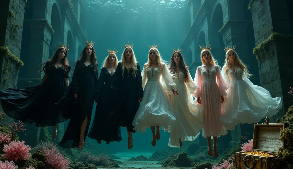 Extra wide angle 16:9. Portrait. A super-realistic 18 y.o. beautiful queen sisters and friends mixed tight together, europeans. 3 queens are dressed in a black many layered medieval lace-dresses in many layered riven and flowing with gothic garnish. Hyper-realistic fine detailed human eyes 1:1, black long flowing hair with black crowns. 4 queens have light blonde long hair, wearing shiny-gold crowns with pink crystals, dressed in a white and pale pink lace, medieval dresses 1:1. All the queens have best perfect hands, five fingers on each hand, small breasts cleavage, (fine detailed perfect eyes 1:1). Hyper detailed skin on body 1:1. Their faces have perfect detailed skin 1:1. They are all floating in a dark deep sea above a((big medieval ballroom very old realistic 1:3) in an old gothic perished palace)) on the bottom of the sea. Night scene with only pale moonlight. On the bottom of the palace floor are pink corals. Sea moss. Bright colored blue, pink, orange, green fishes swimming around. Octopus. Treasure chest with gold coins and jewelry in it. A fantastic scene that uses 3D Surreal 3D model.The entire setup is masterpiece 1:3 framed with the grandeur of medieval gothic style. photographed in a Canon EOS R5, 50mm Lens, F/2.8, (8K)"