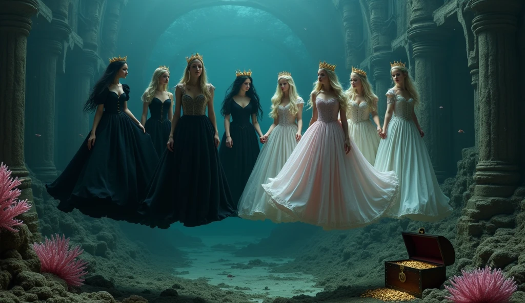 Extra wide angle 16:9. Portrait. A super-realistic 18 y.o. beautiful queen sisters and friends mixed tight together, europeans. 3 queens are dressed in a black many layered medieval lace-dresses in many layered riven and flowing with gothic garnish. Hyper-realistic fine detailed human eyes 1:1, black long flowing hair with black crowns. 4 queens have light blonde long hair, wearing shiny-gold crowns with pink crystals, dressed in a white and pale pink lace, medieval dresses 1:1. All the queens have best perfect hands, five fingers on each hand, small breasts cleavage, (fine detailed perfect eyes 1:1). Hyper detailed skin on body 1:1. Their faces have perfect detailed skin 1:1. They are all floating in a dark deep sea above a((big medieval ballroom very old realistic 1:3) in an old gothic perished palace)) on the bottom of the sea. Night scene with only pale moonlight. On the bottom of the palace floor are pink corals. Sea moss. Bright colored blue, pink, orange, green fishes swimming around. Octopus. Treasure chest with gold coins and jewelry in it. A fantastic scene that uses 3D Surreal 3D model.The entire setup is masterpiece 1:3 framed with the grandeur of medieval gothic style. photographed in a Canon EOS R5, 50mm Lens, F/2.8, (8K)"