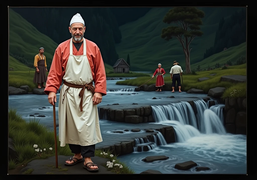 Masterpiece, Best Quality, (Perfect Face:1.1) , (High Detail:1.1), a photograph of A man sitting next to a waterfall, by Crvgg, Guinwen farming village, Farmers in the background, Peasant dress, fully clothed, Mediovale, Portrait, Fields in the background, small farmhouses, full body, oil painting, (photorealism:1.2), photorealistic,