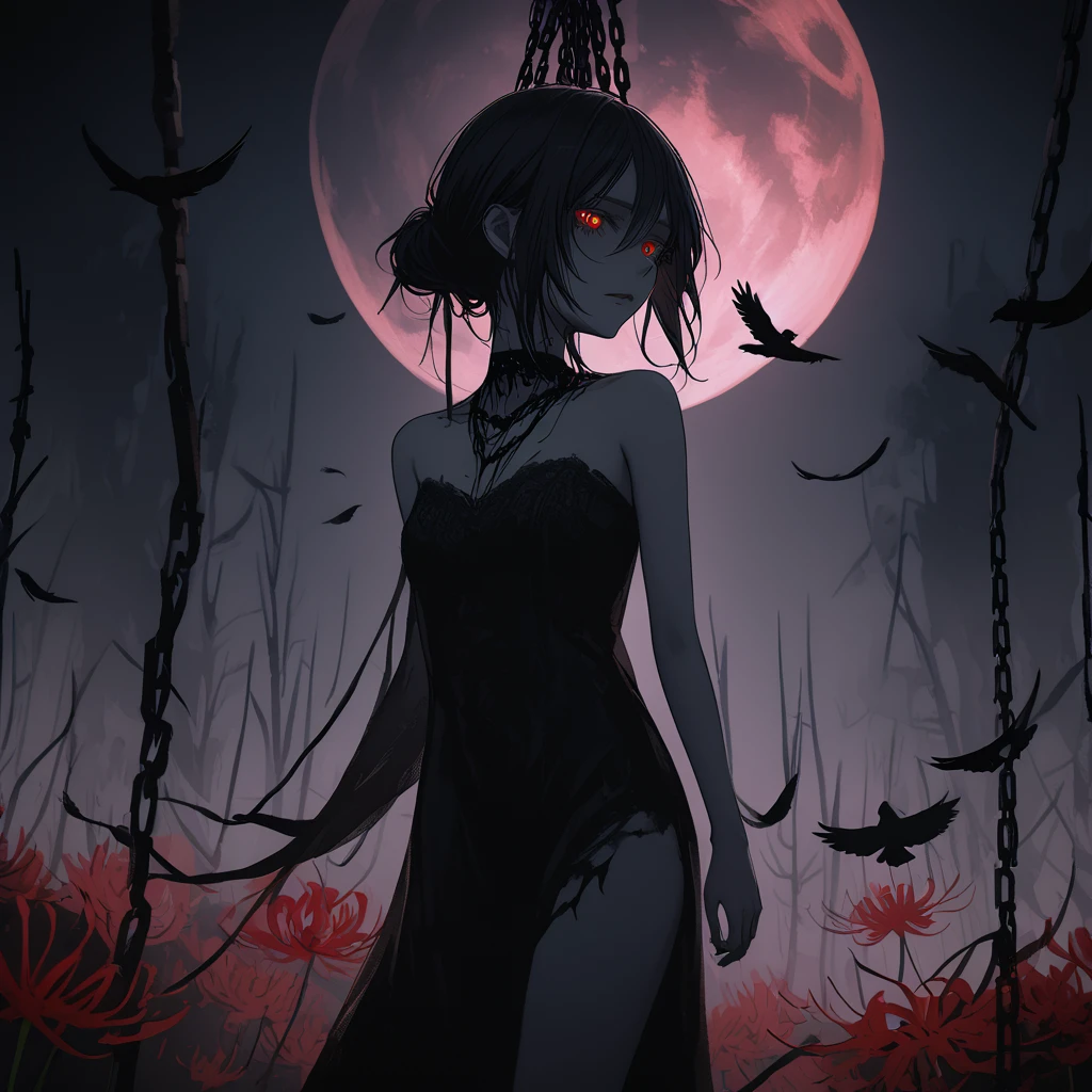 （Dark and scary atmosphere,Gothic Fashion,Dark colors）,（Highest quality，Super exquisite item）,Very sexy vampire girl,A large number of red spider lilies in full bloom on a red full moon night,Beautiful and delicate eyes,Beautiful black straight ponytail,Crow's feathers,Pale skin,No clothes on,naked,The moonlight illuminates her silhouette,A fantastic background created by darkness and moonlight,She is a tall girl who looks like an adult.,A crow is flying,Crow's feathersが舞う,Are standing,Deep foggy forest behind,（Courtesy）,((The shadows of several hanged bodies in the forest behind)),A flock of crows swarming around a ,Chained,Hanged by a chain around the neck,Hanging