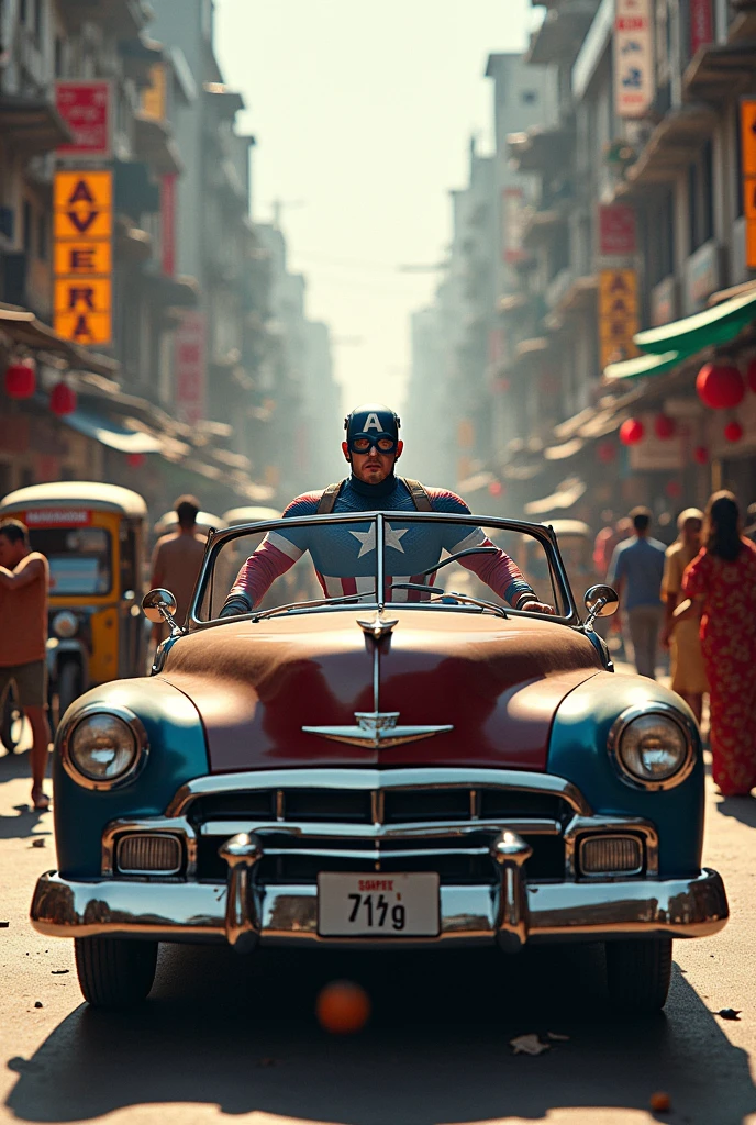 Captain america driving a car in Indian traffic