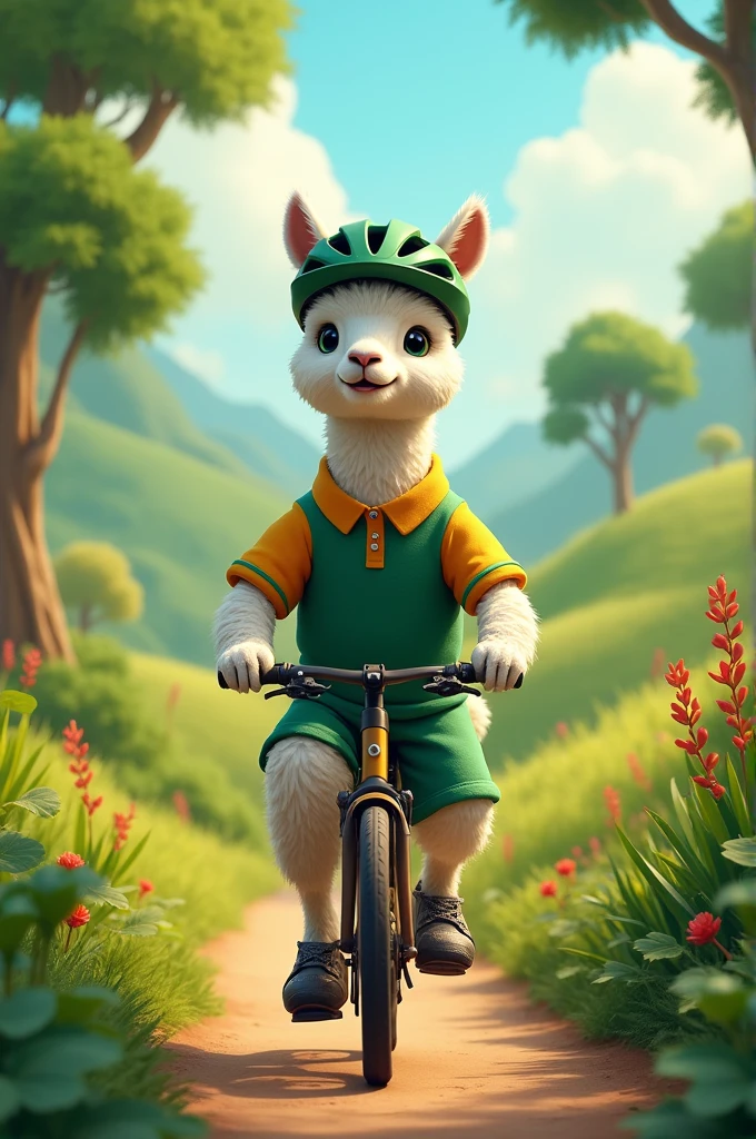 a cycling alpaca with his dark green helmet and green and yellow polo shirt
