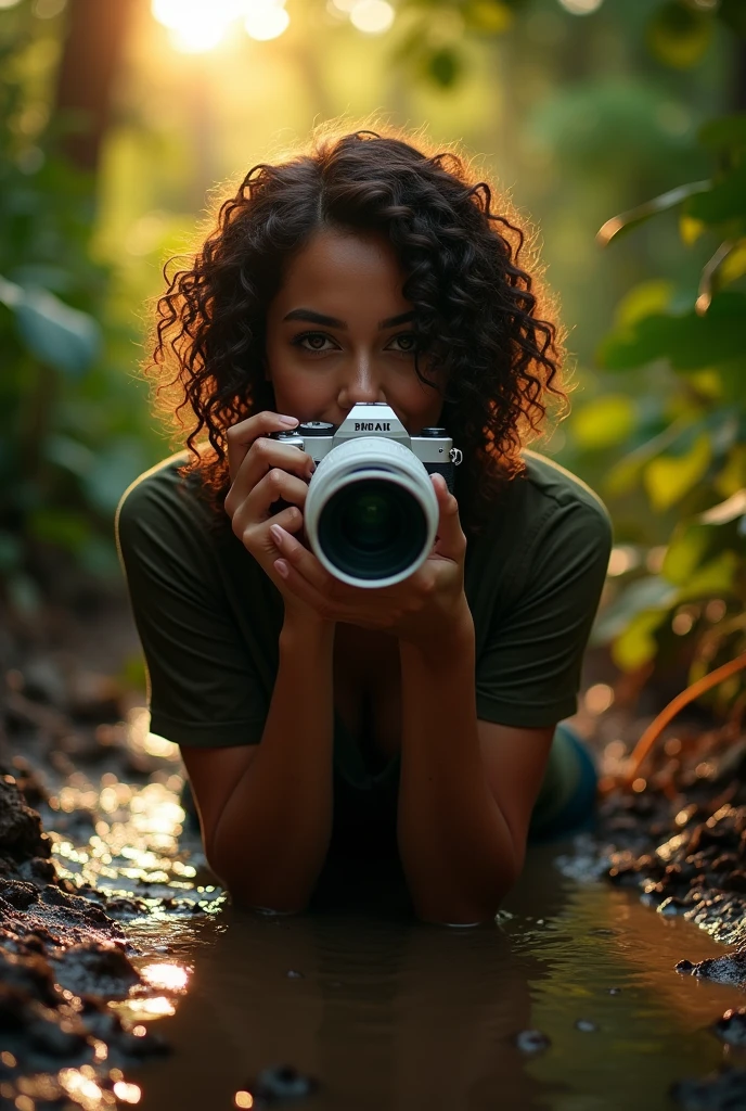 young woman, slim, of soft curves, short hair, curly and dark. brown skin, caucasian features. Photographing with a large white telephoto lens lying in the mud, in the jungle. Portrait with studio lighting, full body and backlit by the evening sun. Look sexy and daring, short skirt and camouflage shirt