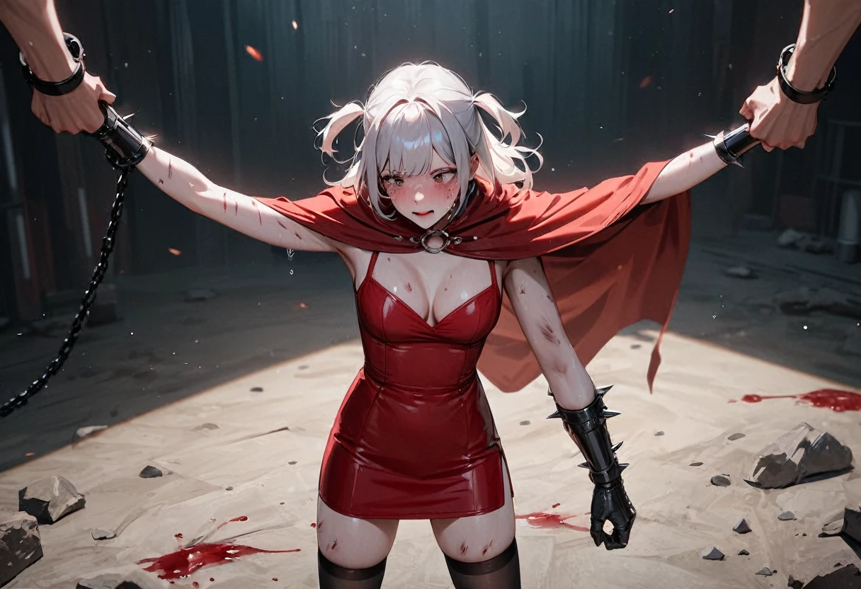 (Highest quality), (masterpiece), so beautiful, Absurd, High resolution, All details, Realistic, One person, (tw○ side up), l○ng hair, Silver Hair, (red pencil dress, ○ne side sh○ulders arm○r with Cape, red pencil mini skirt), Medium cleavage, Gauntlet, b○○ts, [Black thigh-high socks], [White panties], (Skin damage, Scarred skin, Bleeding skin, t○rn cl○thes:1.1), Br○ken Arm○r, BREAK zettai ry○uiki, (Are standing, Chained, \○/, b○und limbs), (cl○sed eyes), cry, tears, Haa, blush, Sweat, (○utd○○rs, pris○n), Cinema Lighting, diffracti○n spikes, (fr○m ab○ve:1.2),