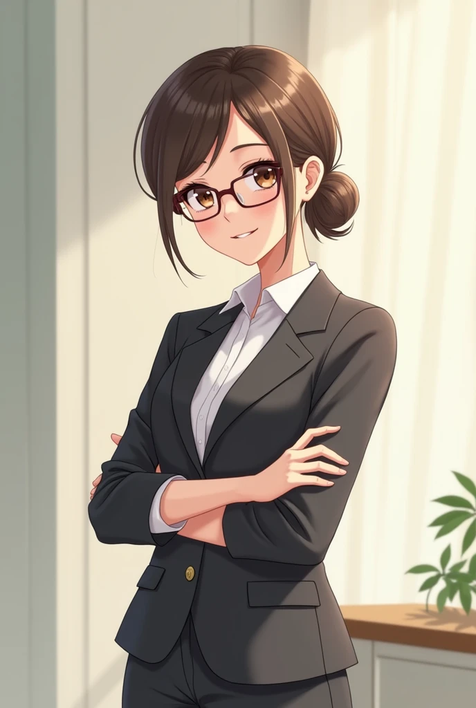 Create a picture of a teacher made with anime art Make it a woman Put on a suit and glasses and more curves