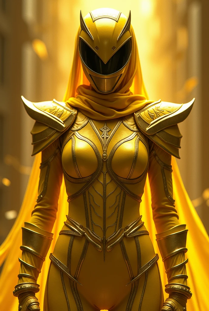 Yellow Power Ranger Girl with full shining shimmering armor,full covered face, eyes hidden and hidden hair, no veil