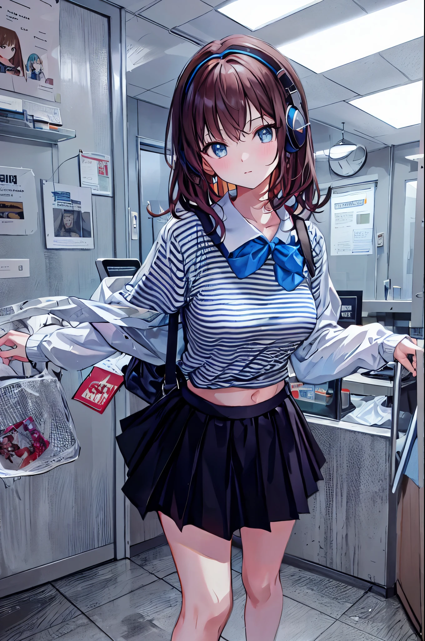 (Realistic painting style:1.0), masterpiece, Highest quality, Absurd, Comic Strip, figure,Brown Hair,Shortcuts,Messy Hair,Slender beauty,A dignified posture,小chest,Beautiful feet,Her captivating grey-blue eyes shine like stars,break (masterpiece:1.2), Highest quality, High resolution, unity 8k wallpaper, (shape:0.8), (Beautiful attention to detail:1.6), Highly detailed face, Perfect lighting, Extremely detailed CG, (Perfect hands, Perfect Anatomy),,
1 girl, Medium Hair, cute女の子, 若くてcute, Korean Girls, {chest},
A girl wearing a skirt and a plain T-shirt and headphones, on the road, I put on headphones, cute, Photos of slim models, Putting on a collar, Wearing a crop top, Wear a striped top, Striped top, Black Skirt, Simple clothes, Simple clothes装,