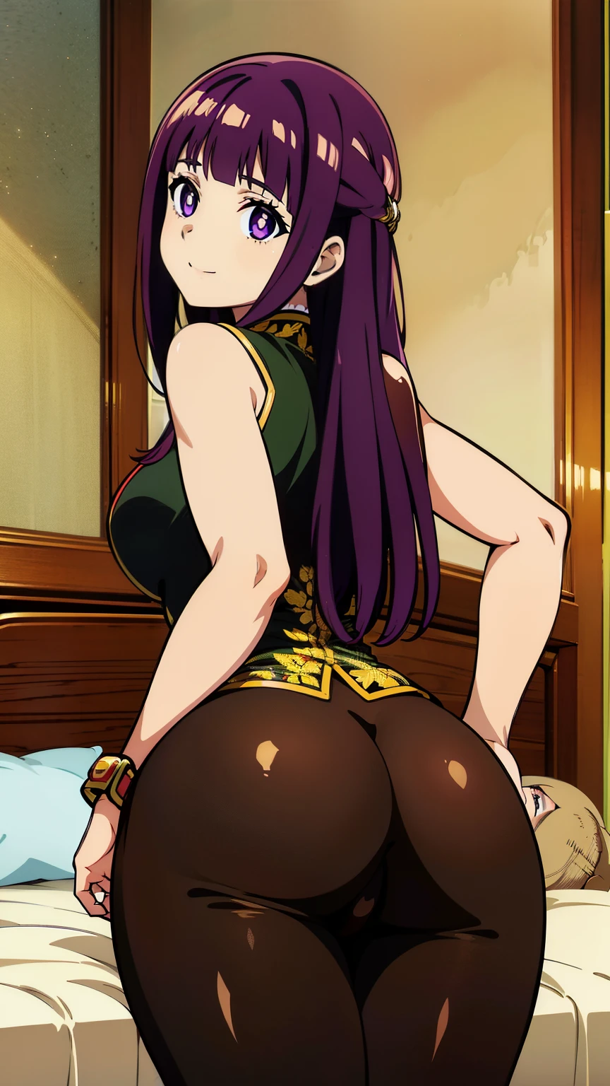 freirenfern, fern, purple hair, long hair, purple eyes, face down ass up, blunt bangs, goddess of beauty, ((perfect anatomy)), image from behind, bright pupils, (thick ass, one girl), bending over a table, flaunting breedable pucy, smiling, (masterpiece, highest quality, high resolution, 8K:1.2), (anime), super resolution, highly detailed and beautiful, highly detailed beautiful girl, highly detailed face, highly detailed eyes, perfect anatomy, cowboy shot, highly detailed cg unity 8k, (chinese cheongsam, laying down in bed)